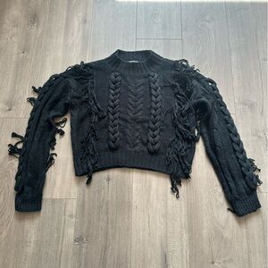EUC 525 cable knit/fringe/braided black sweater - size XS